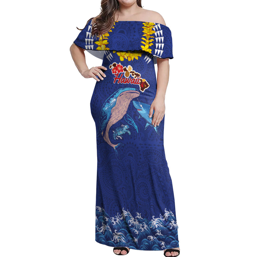 Hawaiian Sea Animals Off Shoulder Maxi Dress Whales Shark and Turtle Guardians with Tribal Pattern