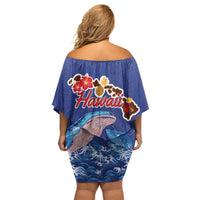 Hawaiian Sea Animals Off Shoulder Short Dress Whales Shark and Turtle Guardians with Tribal Pattern