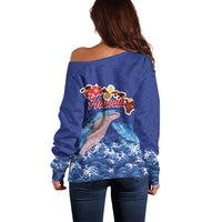 Hawaiian Sea Animals Off Shoulder Sweater Whales Shark and Turtle Guardians with Tribal Pattern