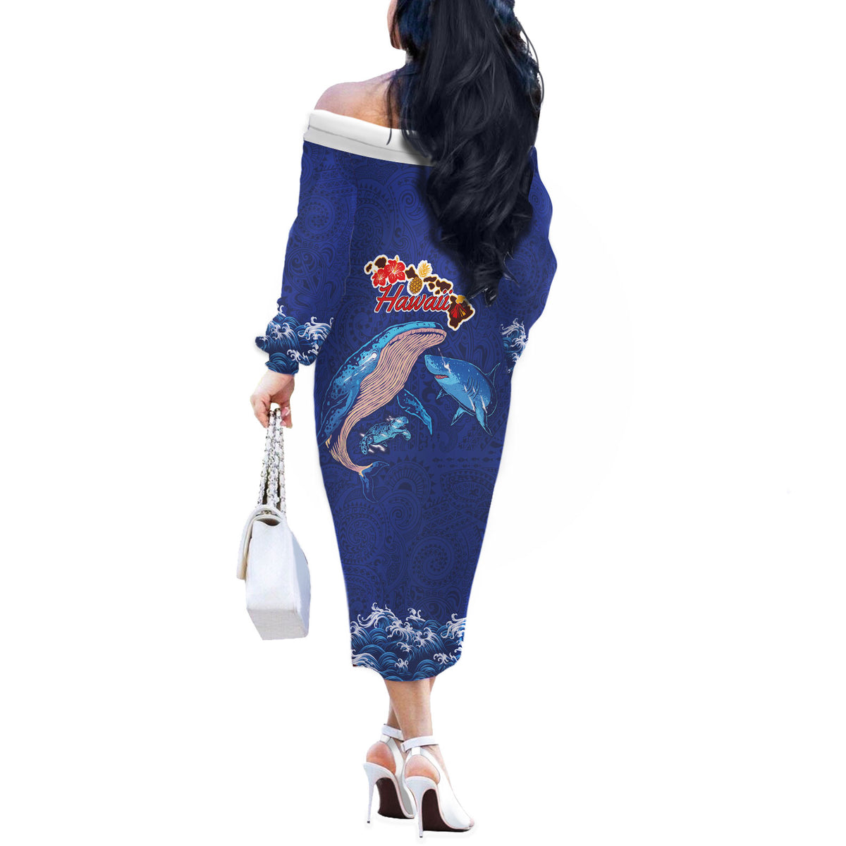 Hawaiian Sea Animals Off The Shoulder Long Sleeve Dress Whales Shark and Turtle Guardians with Tribal Pattern