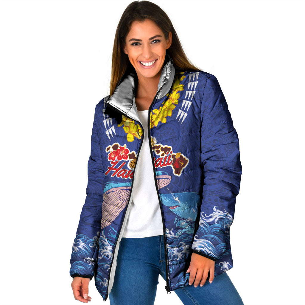 Hawaiian Sea Animals Padded Jacket Whales Shark and Turtle Guardians with Tribal Pattern