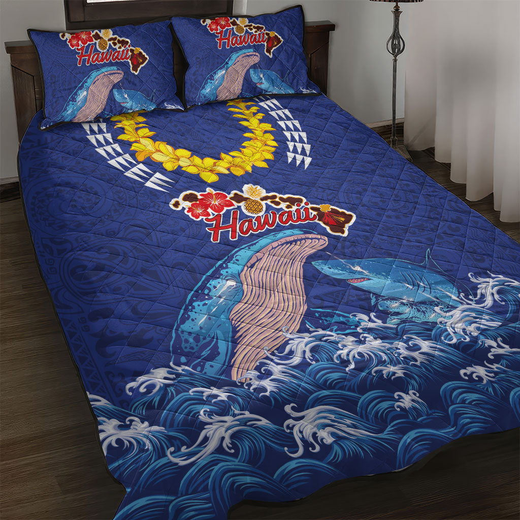 Hawaiian Sea Animals Quilt Bed Set Whales Shark and Turtle Guardians with Tribal Pattern