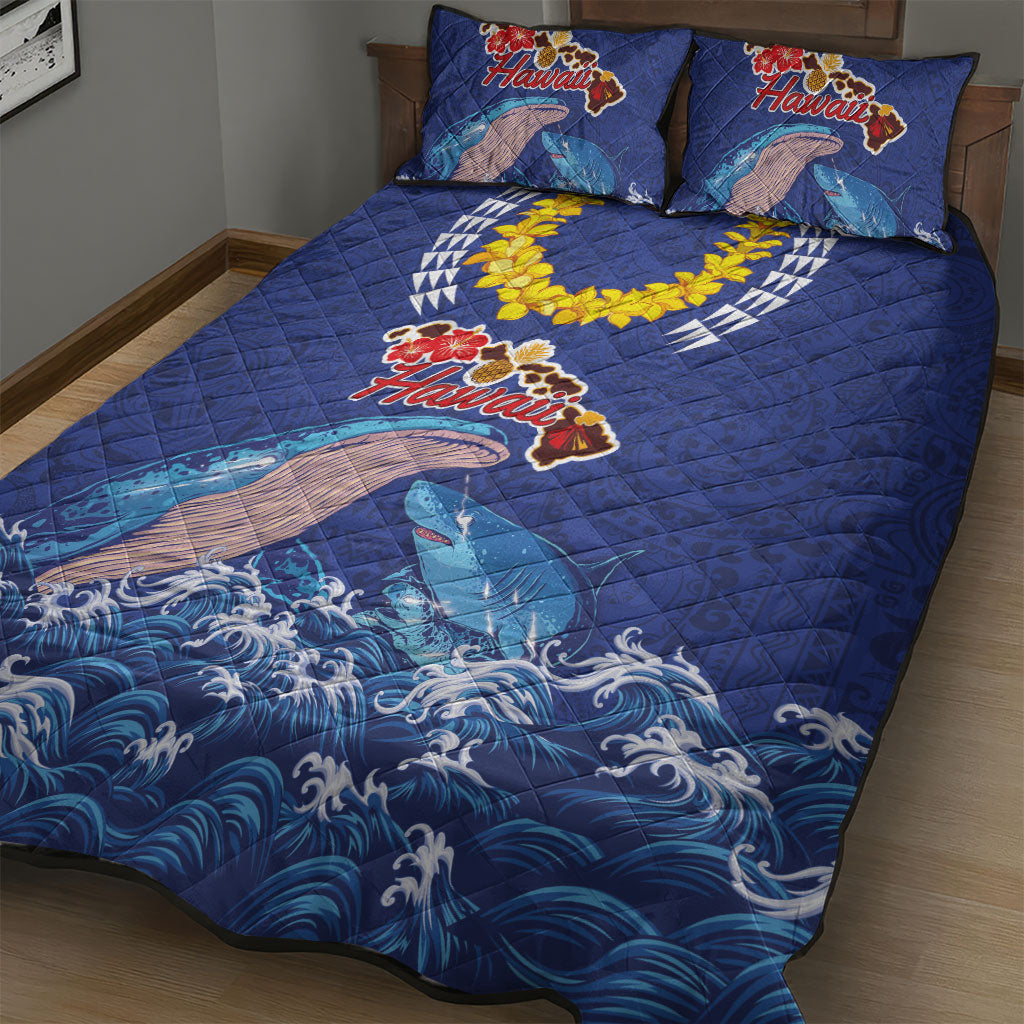 Hawaiian Sea Animals Quilt Bed Set Whales Shark and Turtle Guardians with Tribal Pattern