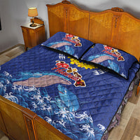 Hawaiian Sea Animals Quilt Bed Set Whales Shark and Turtle Guardians with Tribal Pattern