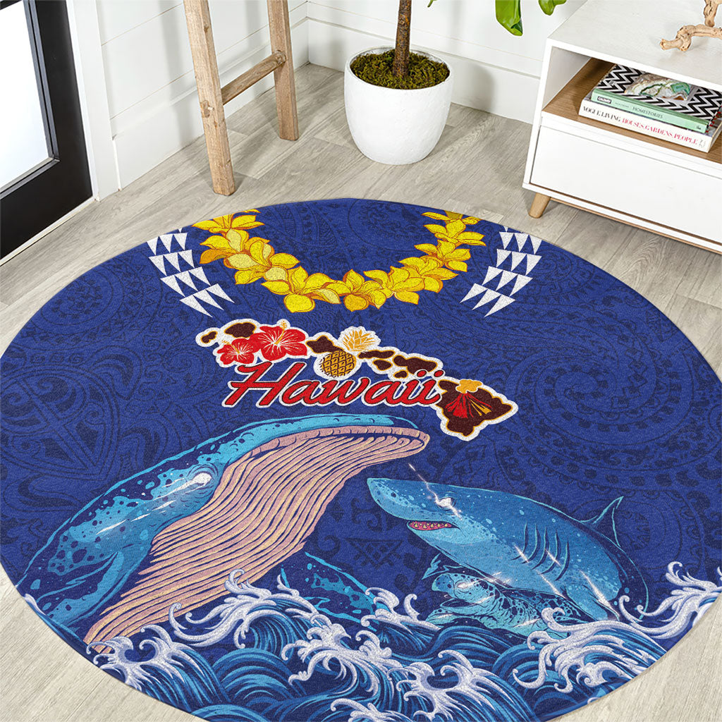 Hawaiian Sea Animals Round Carpet Whales Shark and Turtle Guardians with Tribal Pattern