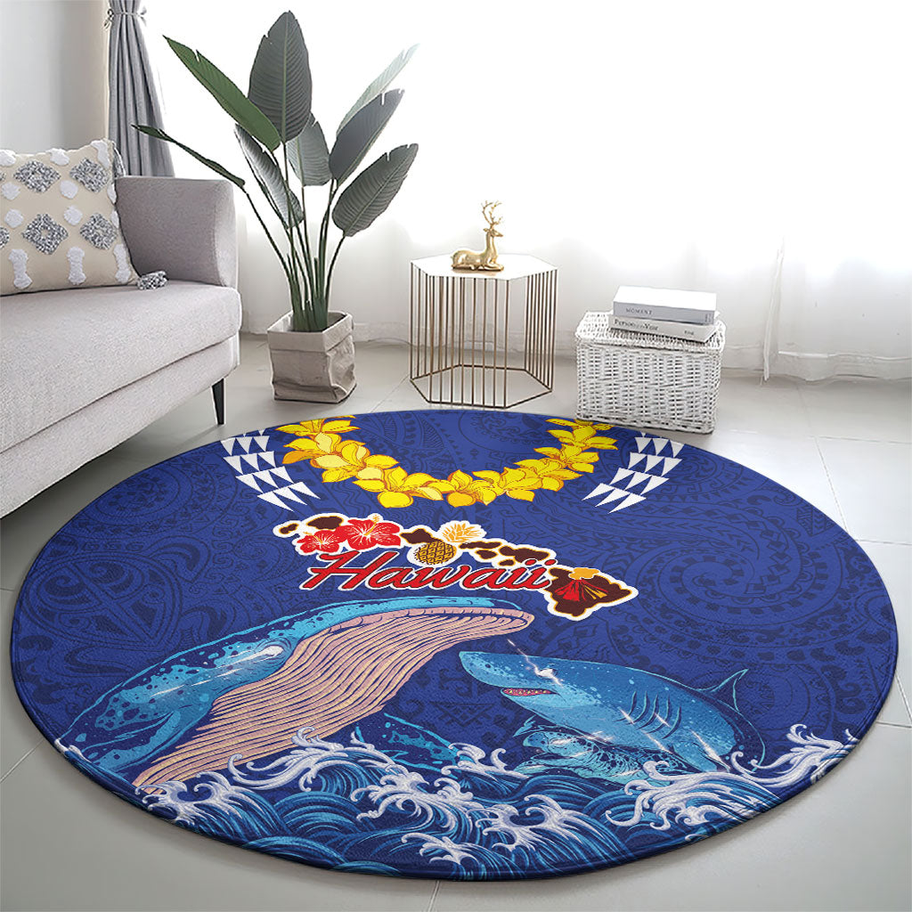 Hawaiian Sea Animals Round Carpet Whales Shark and Turtle Guardians with Tribal Pattern