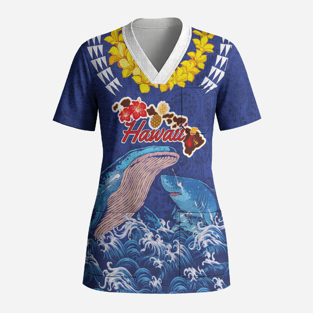Hawaiian Sea Animals Scrub Top Whales Shark and Turtle Guardians with Tribal Pattern