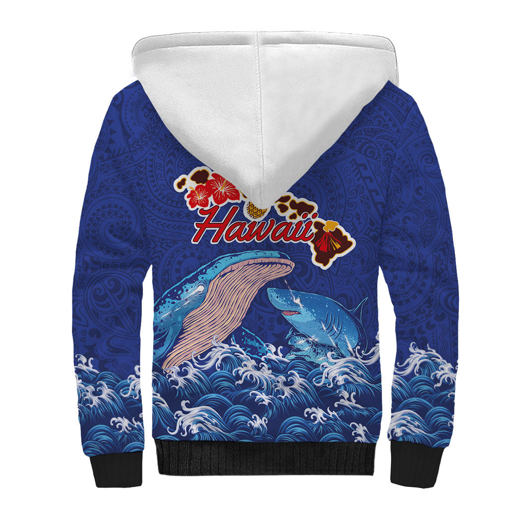 Hawaiian Sea Animals Sherpa Hoodie Whales Shark and Turtle Guardians with Tribal Pattern
