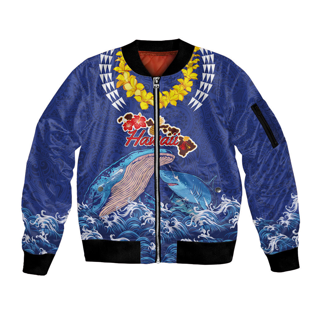 Hawaiian Sea Animals Sleeve Zip Bomber Jacket Whales Shark and Turtle Guardians with Tribal Pattern