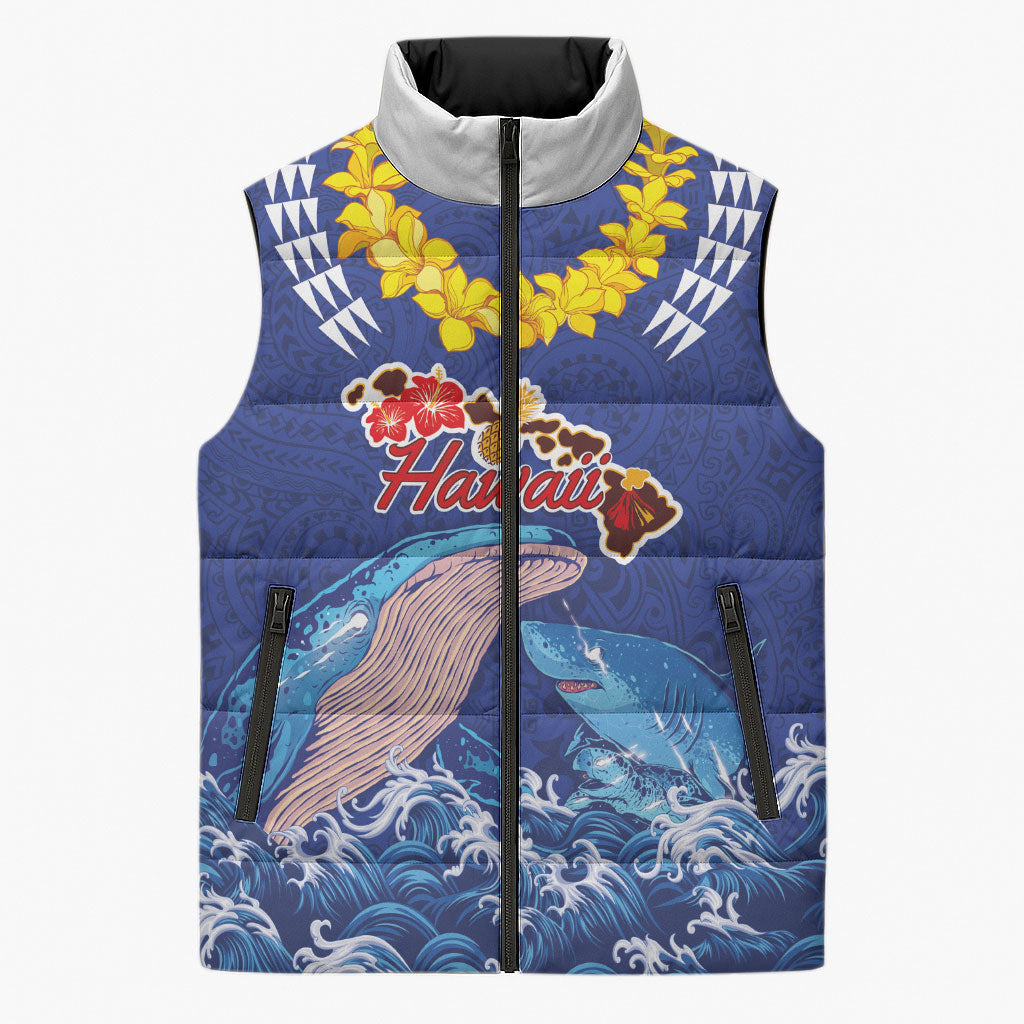 Hawaiian Sea Animals Sleeveless Puffer Jacket Whales Shark and Turtle Guardians with Tribal Pattern