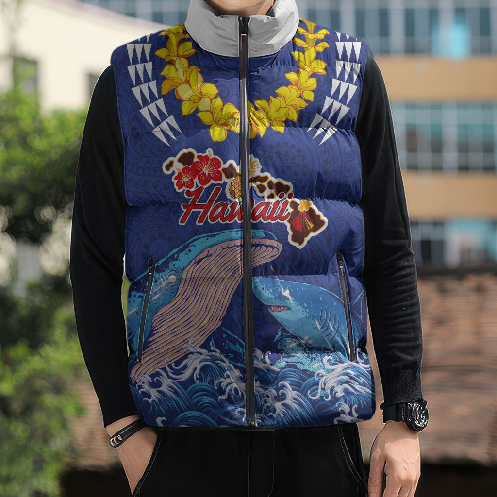 Hawaiian Sea Animals Sleeveless Puffer Jacket Whales Shark and Turtle Guardians with Tribal Pattern