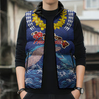 Hawaiian Sea Animals Sleeveless Puffer Jacket Whales Shark and Turtle Guardians with Tribal Pattern