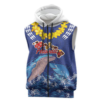 Hawaiian Sea Animals Sleeveless Zip Hoodie Whales Shark and Turtle Guardians with Tribal Pattern