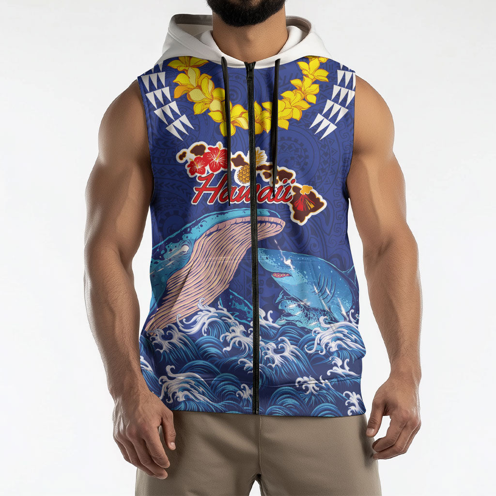 Hawaiian Sea Animals Sleeveless Zip Hoodie Whales Shark and Turtle Guardians with Tribal Pattern