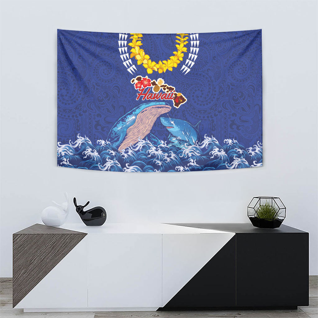 Hawaiian Sea Animals Tapestry Whales Shark and Turtle Guardians with Tribal Pattern
