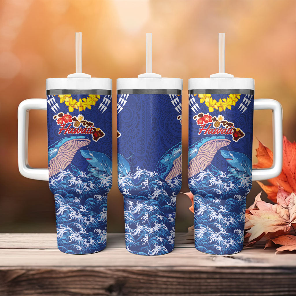 Hawaiian Sea Animals Tumbler With Handle Whales Shark and Turtle Guardians with Tribal Pattern