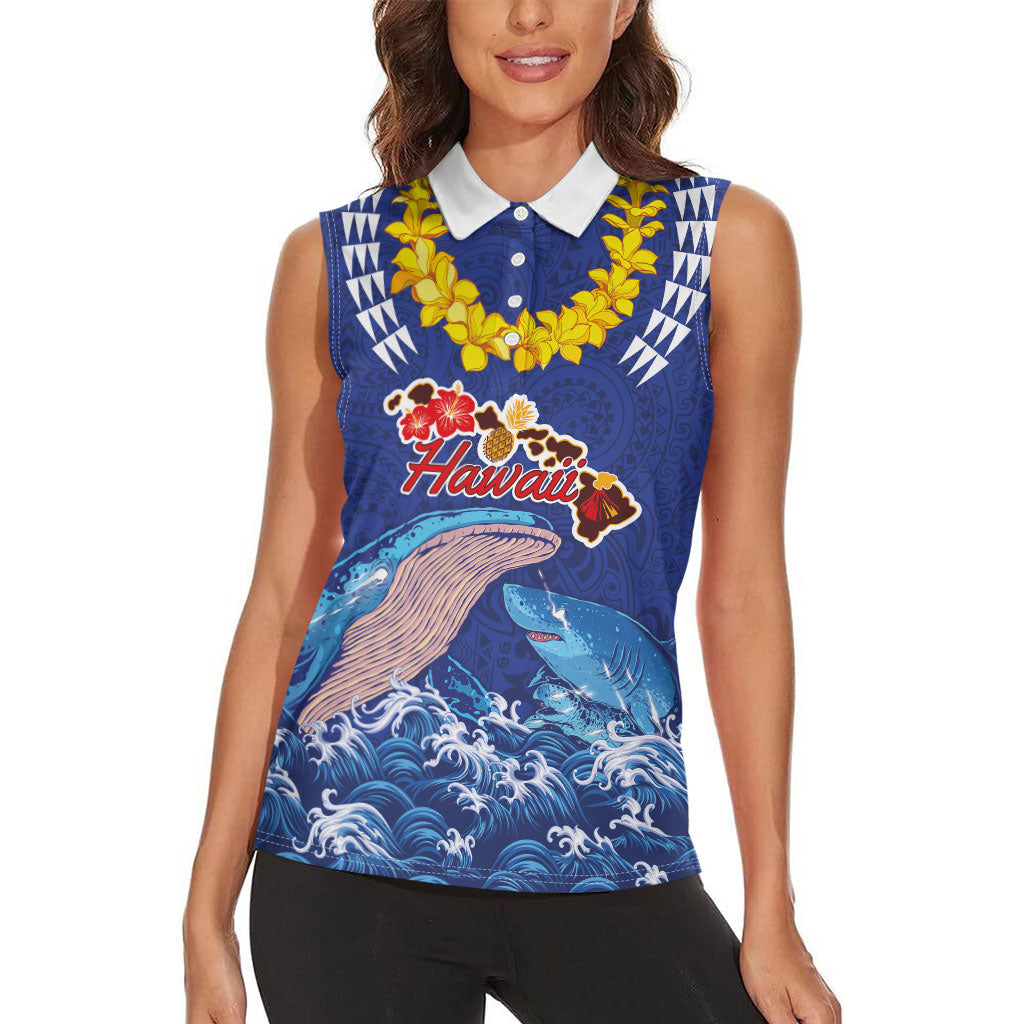 Hawaiian Sea Animals Women Sleeveless Polo Shirt Whales Shark and Turtle Guardians with Tribal Pattern