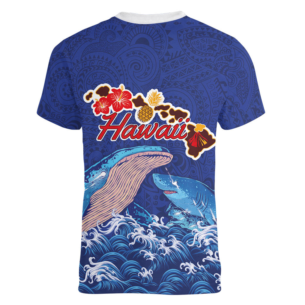 Hawaiian Sea Animals Women V-Neck T-Shirt Whales Shark and Turtle Guardians with Tribal Pattern