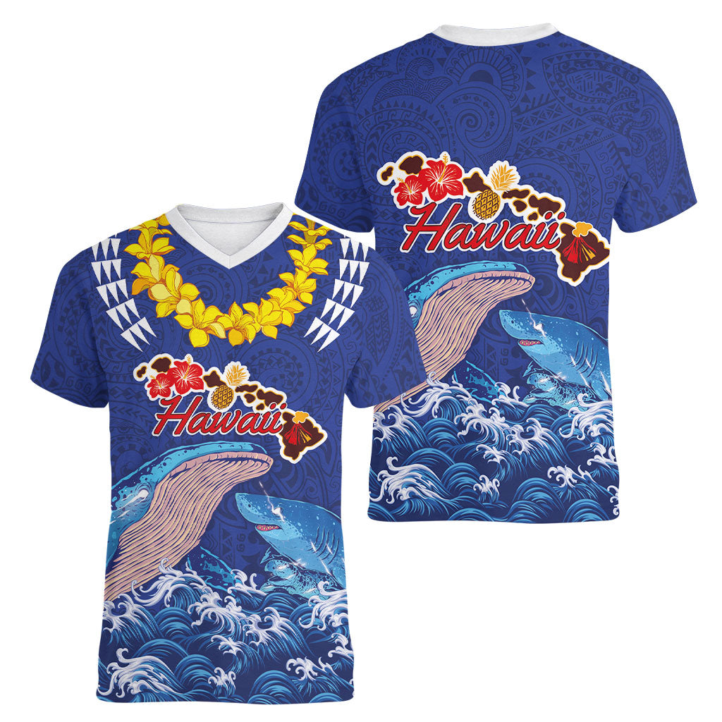 Hawaiian Sea Animals Women V-Neck T-Shirt Whales Shark and Turtle Guardians with Tribal Pattern