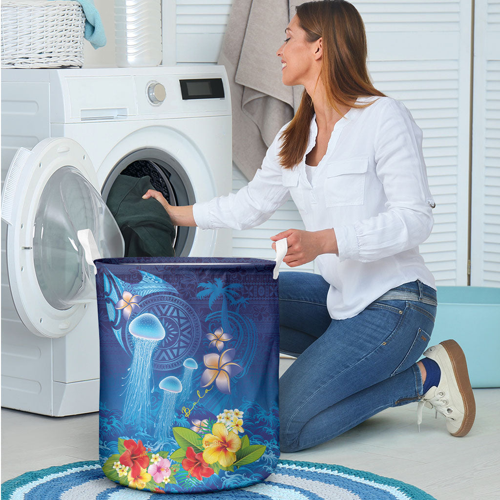 Fiji Jellyfish Laundry Basket Tapa Patterns and Hibiscus Sea Vibe