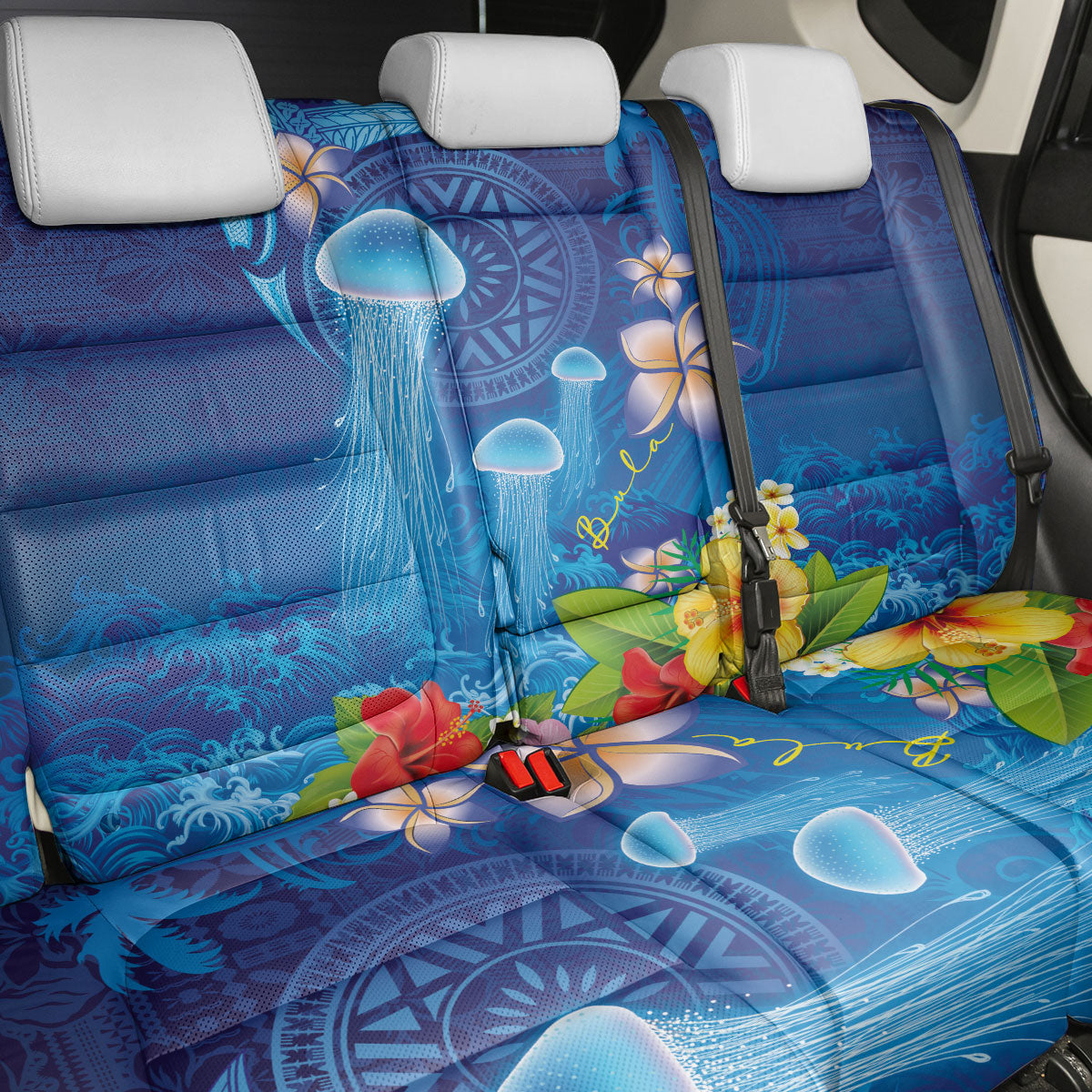 Fiji Jellyfish Back Car Seat Cover Tapa Patterns and Hibiscus Sea Vibe