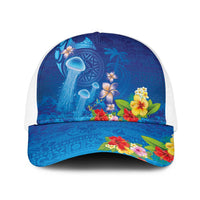 Fiji Jellyfish Baseball Net Cap Tapa Patterns and Hibiscus Sea Vibe