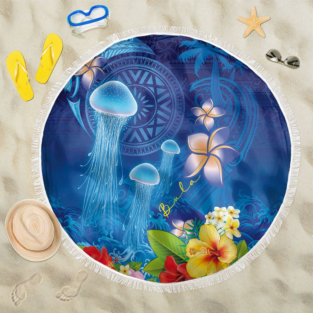 Fiji Jellyfish Beach Blanket Tapa Patterns and Hibiscus Sea Vibe
