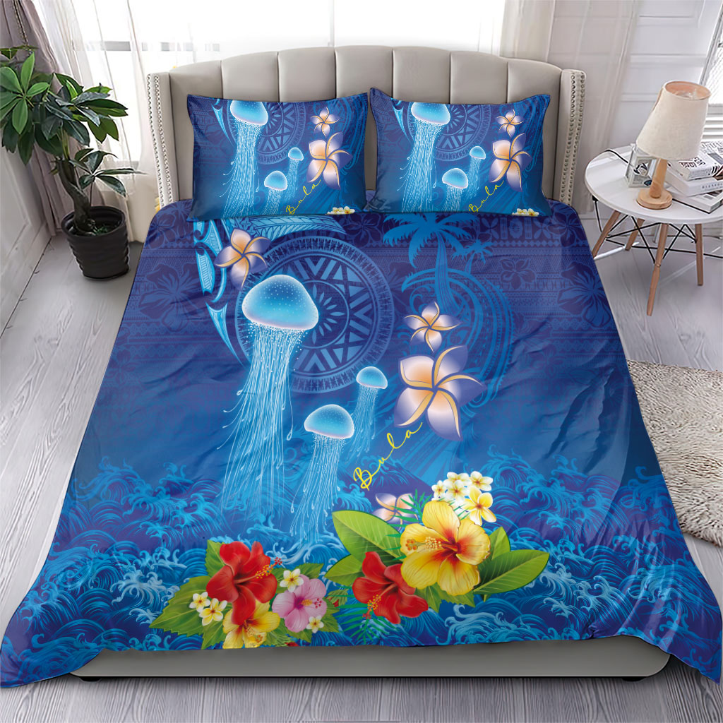 Fiji Jellyfish Bedding Set Tapa Patterns and Hibiscus Sea Vibe