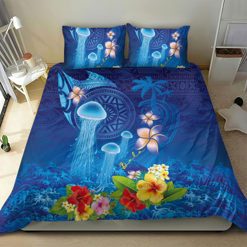 Fiji Jellyfish Bedding Set Tapa Patterns and Hibiscus Sea Vibe