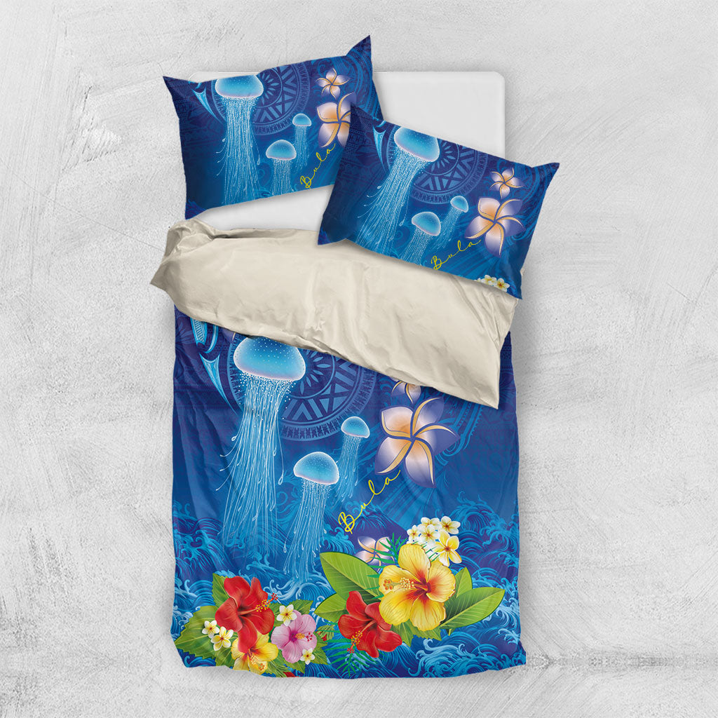 Fiji Jellyfish Bedding Set Tapa Patterns and Hibiscus Sea Vibe