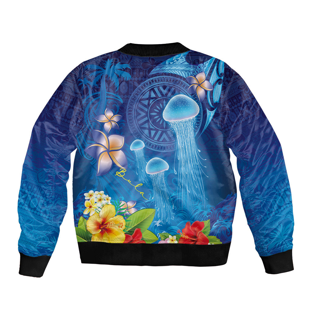 Fiji Jellyfish Bomber Jacket Tapa Patterns and Hibiscus Sea Vibe