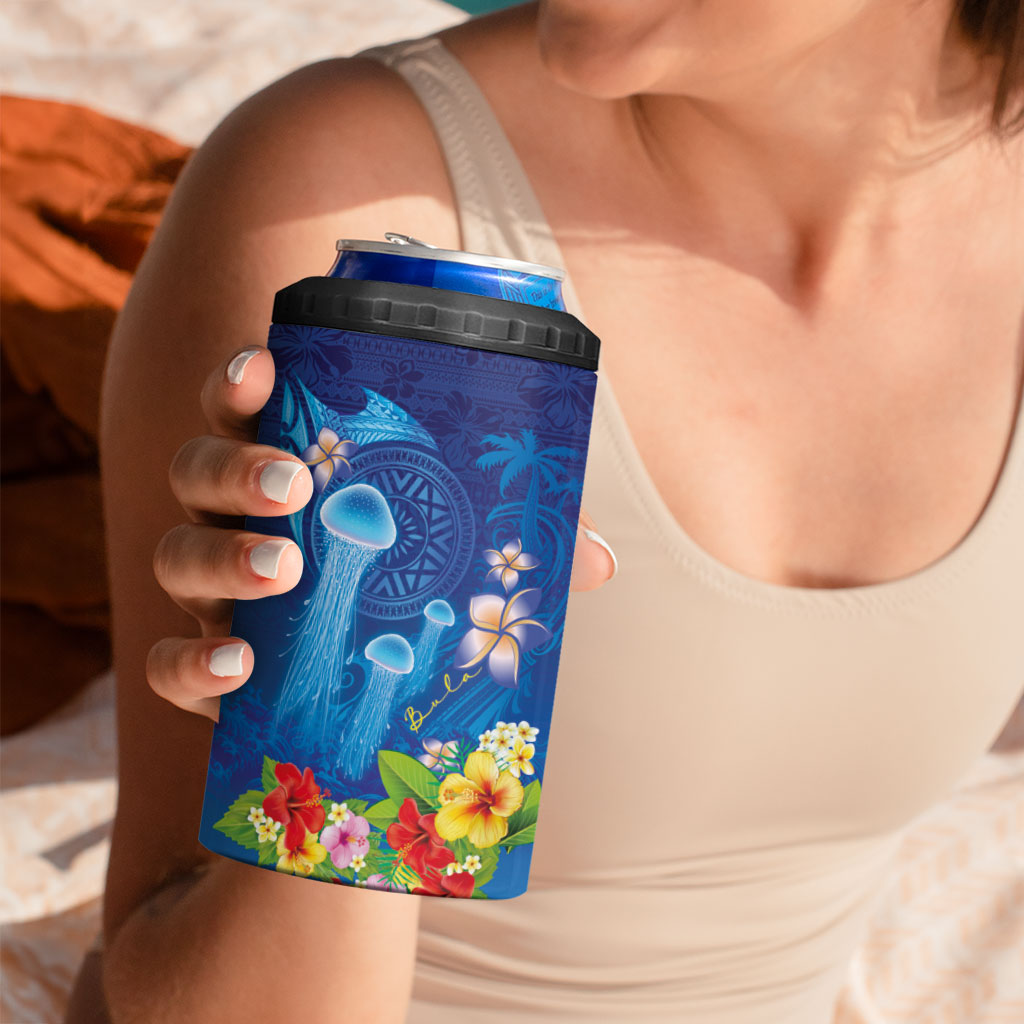 Fiji Jellyfish 4 in 1 Can Cooler Tumbler Tapa Patterns and Hibiscus Sea Vibe