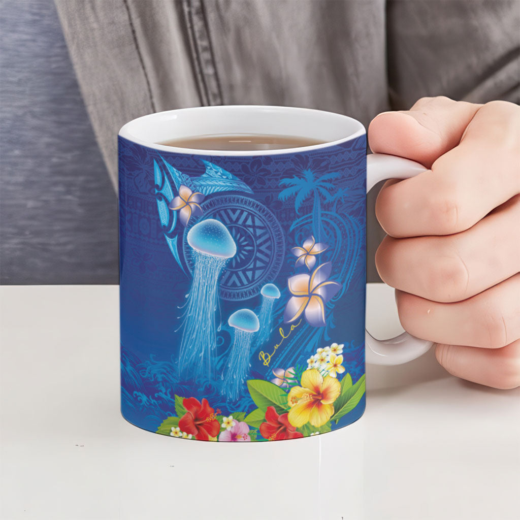 Fiji Jellyfish Ceramic Mug Tapa Patterns and Hibiscus Sea Vibe