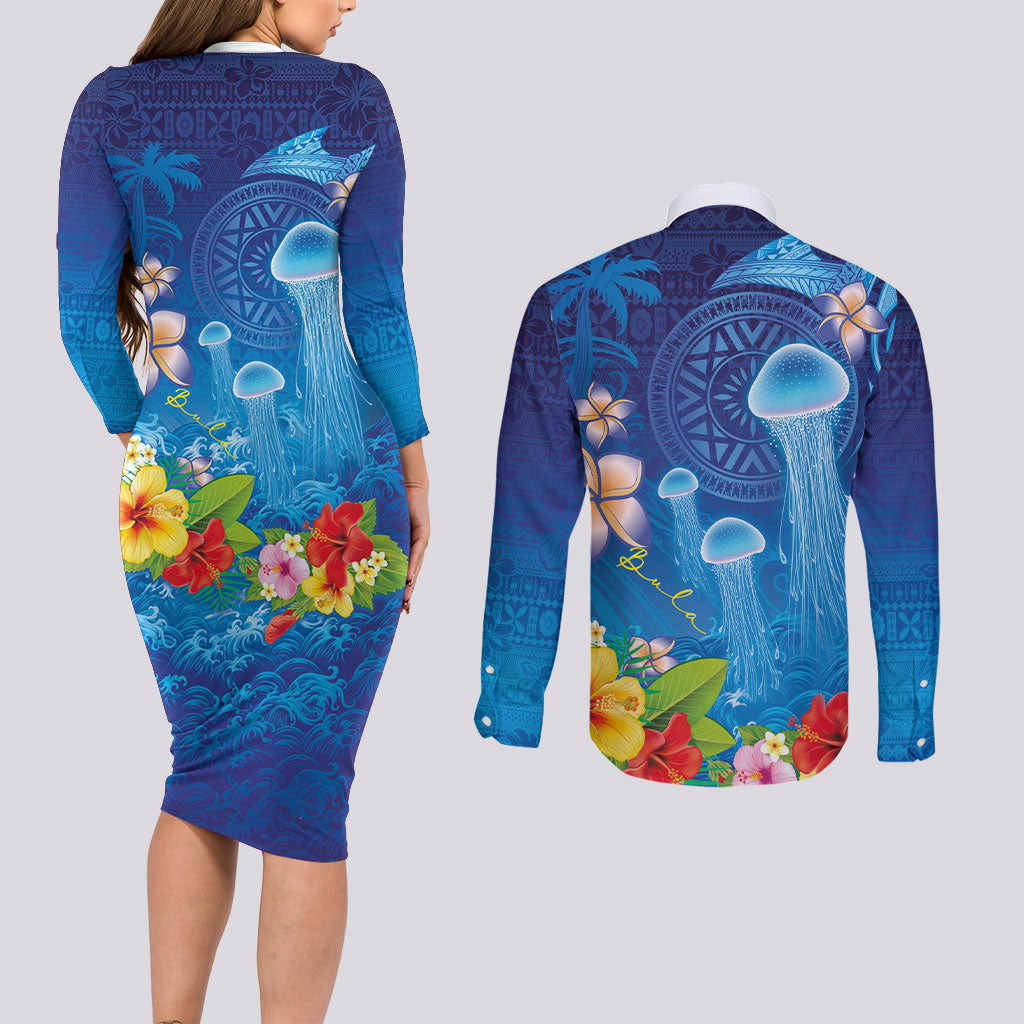 Fiji Jellyfish Couples Matching Long Sleeve Bodycon Dress and Long Sleeve Button Shirt Tapa Patterns and Hibiscus Sea Vibe