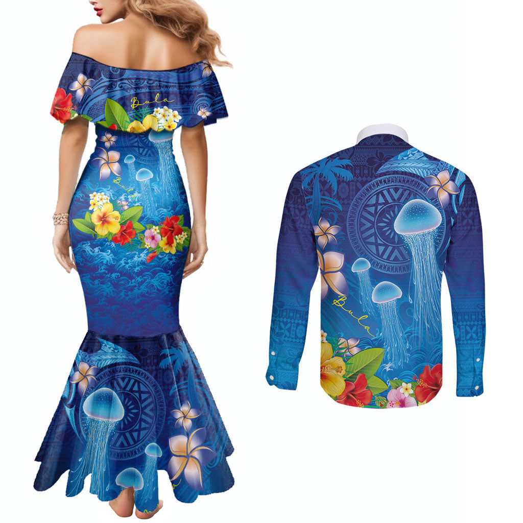 Fiji Jellyfish Couples Matching Mermaid Dress and Long Sleeve Button Shirt Tapa Patterns and Hibiscus Sea Vibe
