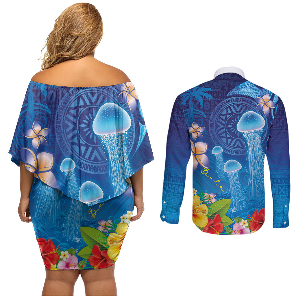 Fiji Jellyfish Couples Matching Off Shoulder Short Dress and Long Sleeve Button Shirt Tapa Patterns and Hibiscus Sea Vibe
