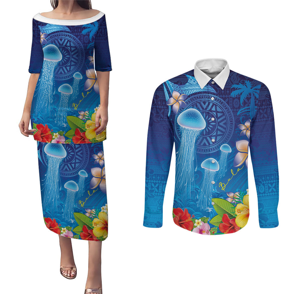 Fiji Jellyfish Couples Matching Puletasi and Long Sleeve Button Shirt Tapa Patterns and Hibiscus Sea Vibe