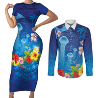 Fiji Jellyfish Couples Matching Short Sleeve Bodycon Dress and Long Sleeve Button Shirt Tapa Patterns and Hibiscus Sea Vibe