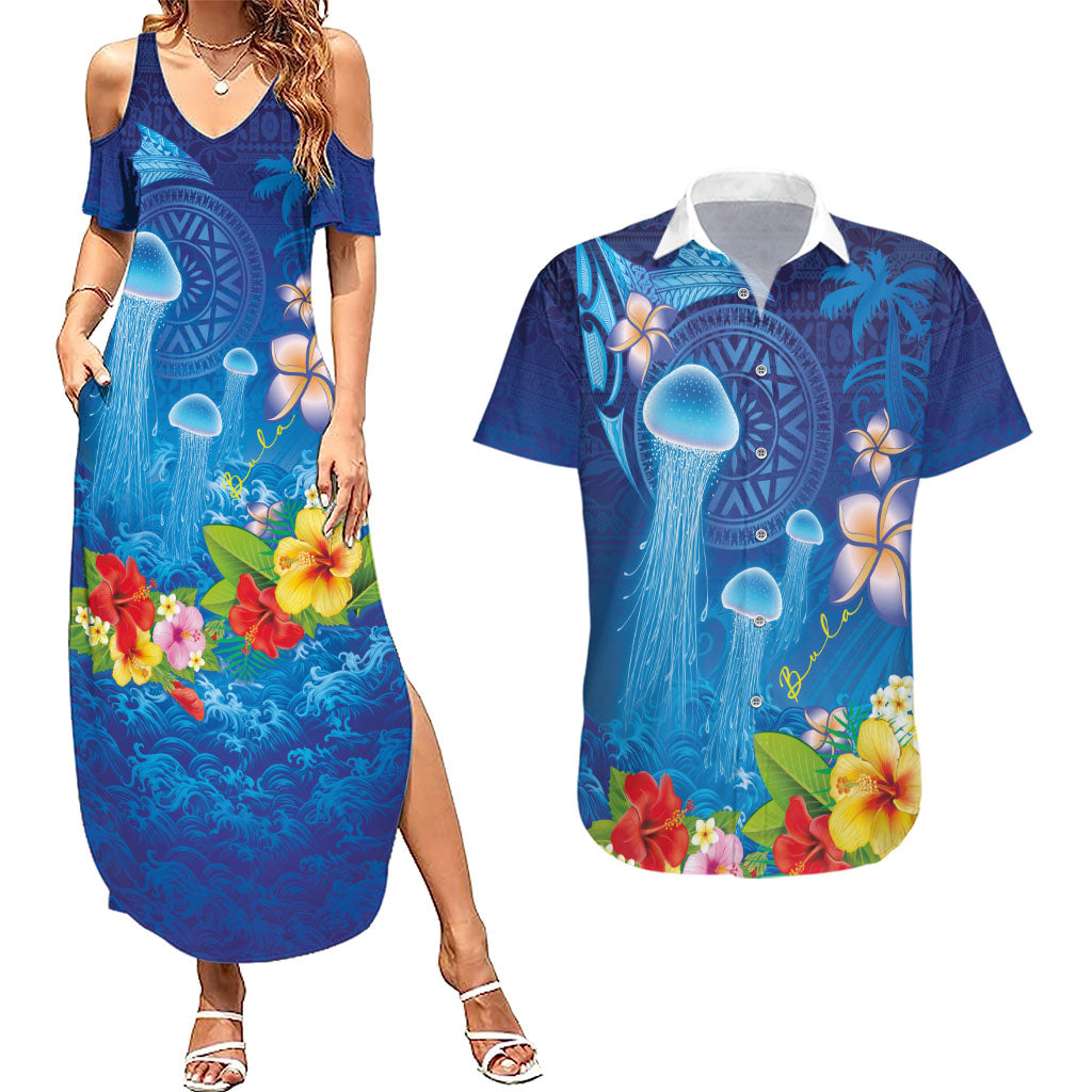 Fiji Jellyfish Couples Matching Summer Maxi Dress and Hawaiian Shirt Tapa Patterns and Hibiscus Sea Vibe LT03 Blue - Polynesian Pride