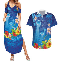 Fiji Jellyfish Couples Matching Summer Maxi Dress and Hawaiian Shirt Tapa Patterns and Hibiscus Sea Vibe LT03 Blue - Polynesian Pride
