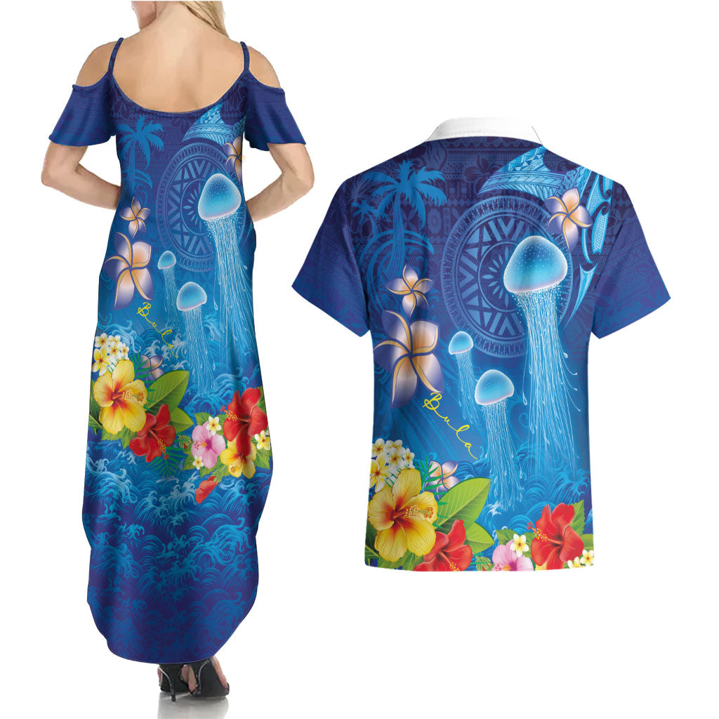 Fiji Jellyfish Couples Matching Summer Maxi Dress and Hawaiian Shirt Tapa Patterns and Hibiscus Sea Vibe LT03 - Polynesian Pride