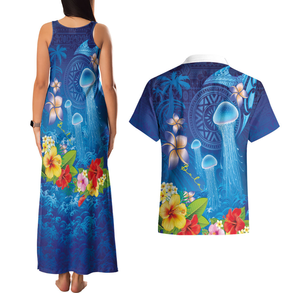 Fiji Jellyfish Couples Matching Tank Maxi Dress and Hawaiian Shirt Tapa Patterns and Hibiscus Sea Vibe