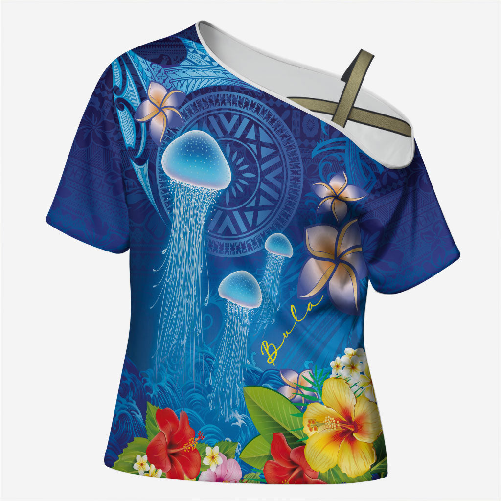 Fiji Jellyfish Cross Shoulder Shirt Tapa Patterns and Hibiscus Sea Vibe