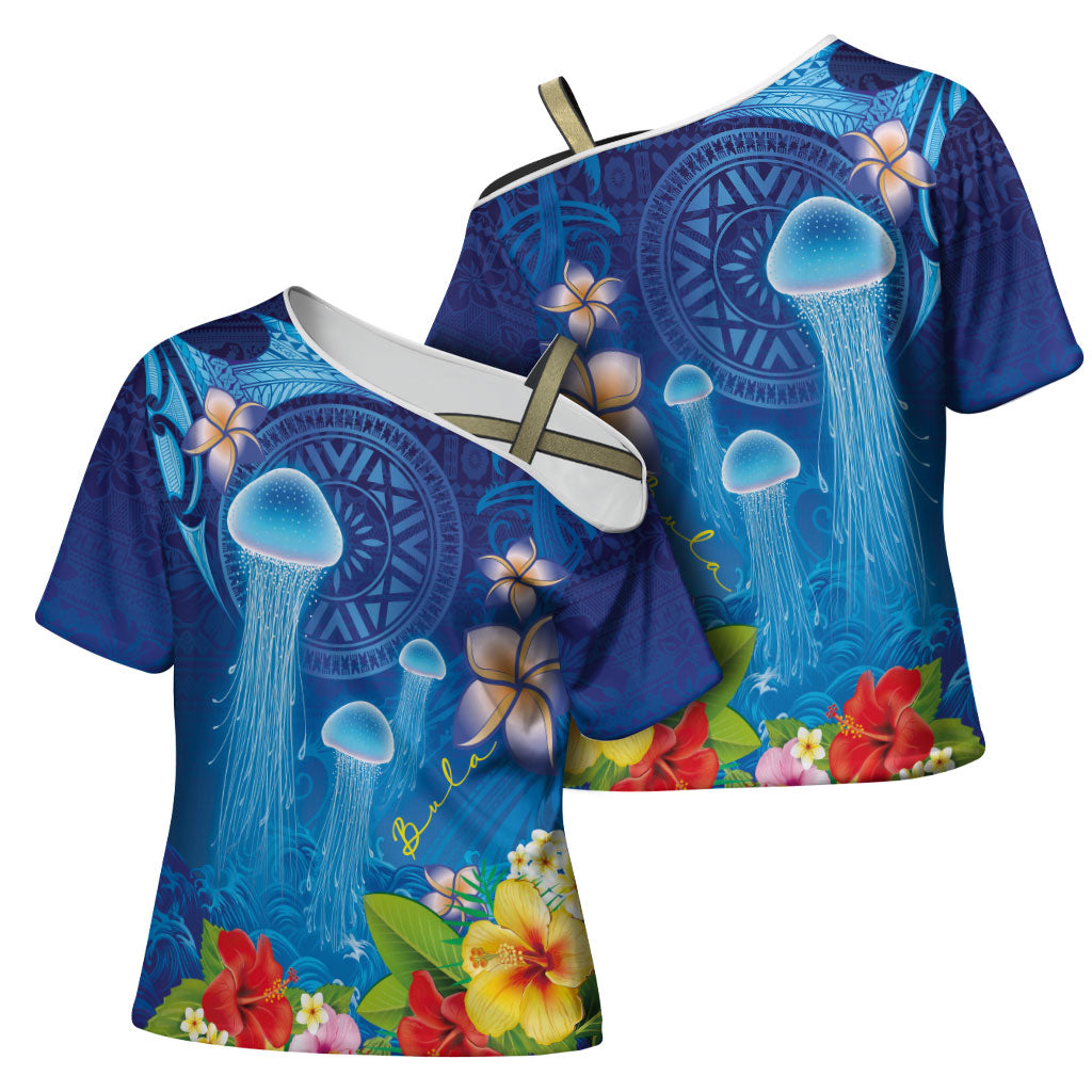 Fiji Jellyfish Cross Shoulder Shirt Tapa Patterns and Hibiscus Sea Vibe