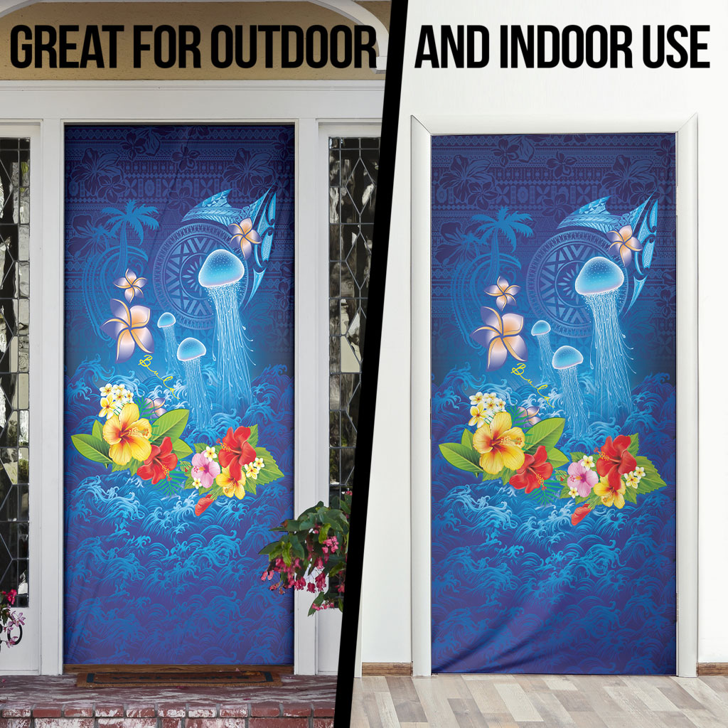 Fiji Jellyfish Door Cover Tapa Patterns and Hibiscus Sea Vibe