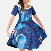 Fiji Jellyfish Family Matching Long Sleeve Bodycon Dress and Hawaiian Shirt Tapa Patterns and Hibiscus Sea Vibe LT03 Daughter's Dress Blue - Polynesian Pride