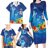 Fiji Jellyfish Family Matching Long Sleeve Bodycon Dress and Hawaiian Shirt Tapa Patterns and Hibiscus Sea Vibe LT03 - Polynesian Pride