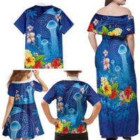 Fiji Jellyfish Family Matching Off Shoulder Maxi Dress and Hawaiian Shirt Tapa Patterns and Hibiscus Sea Vibe LT03 - Polynesian Pride