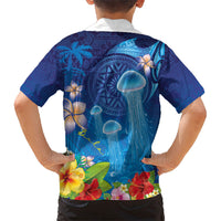 Fiji Jellyfish Family Matching Off Shoulder Short Dress and Hawaiian Shirt Tapa Patterns and Hibiscus Sea Vibe LT03 - Polynesian Pride