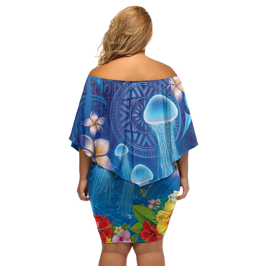 Fiji Jellyfish Family Matching Off Shoulder Short Dress and Hawaiian Shirt Tapa Patterns and Hibiscus Sea Vibe LT03 - Polynesian Pride